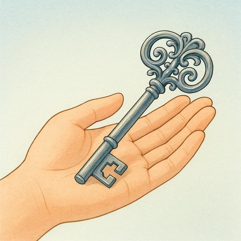 A hand gently holding up a single, large, ornate silver key, symbolizing possession of a feminine object.