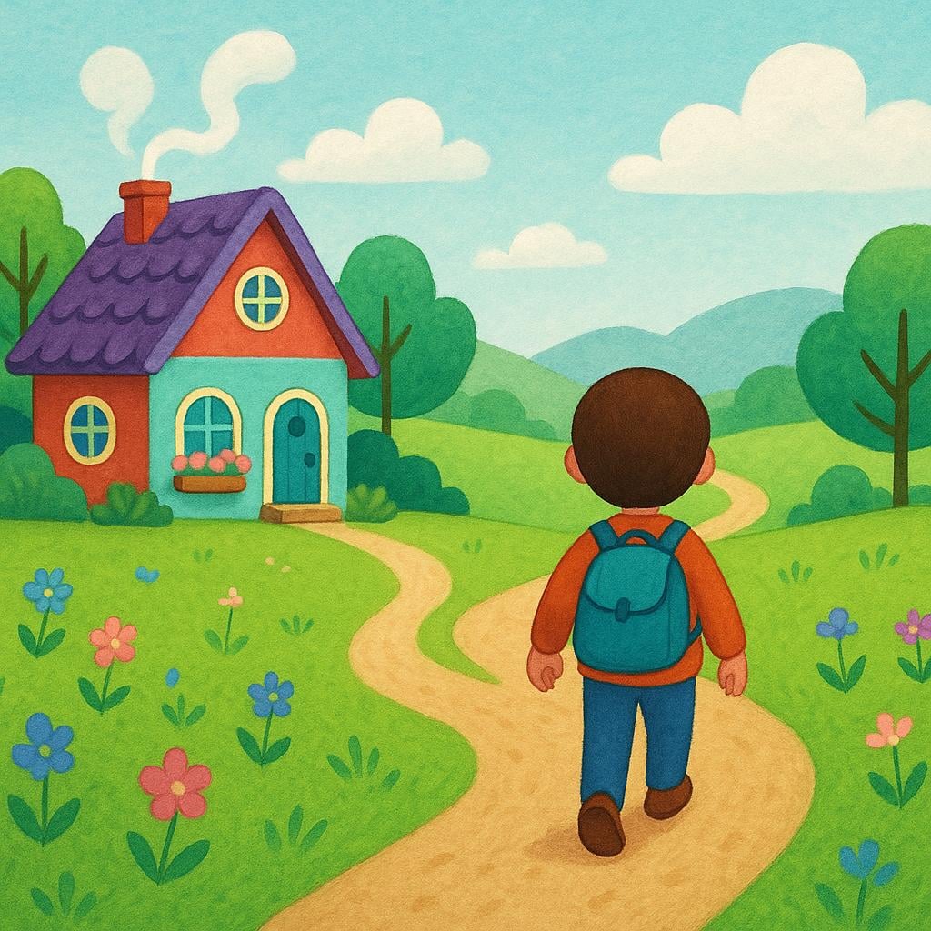 A person carrying a small bag walks away from a brightly colored cottage down a dirt road, illustrating departure.