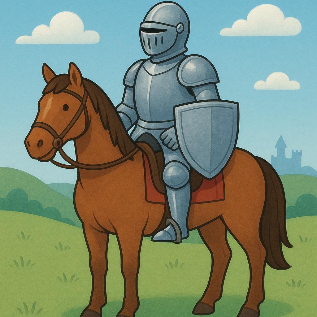 A medieval knight wearing full shining armor, riding a large brown horse.