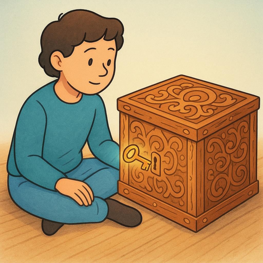 A thoughtful person sitting next to a complex wooden puzzle box. They are holding a glowing golden key, having finally figured out how to unlock the box.