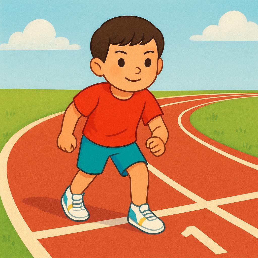 A child in bright athletic gear is standing at a starting line on a track, crouching slightly and looking forward, ready to begin a race.