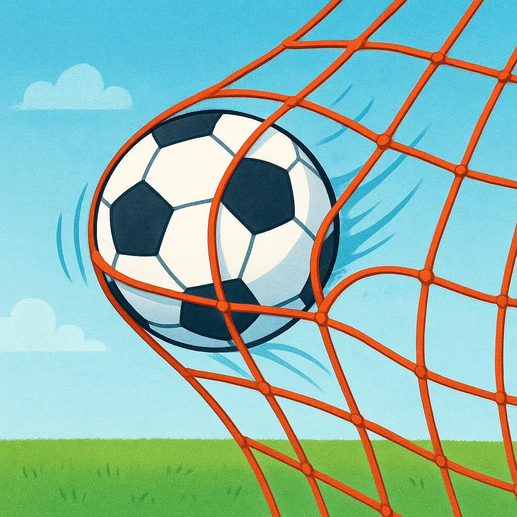 A soccer ball flies into the back of a soccer net, indicating a goal has been scored.