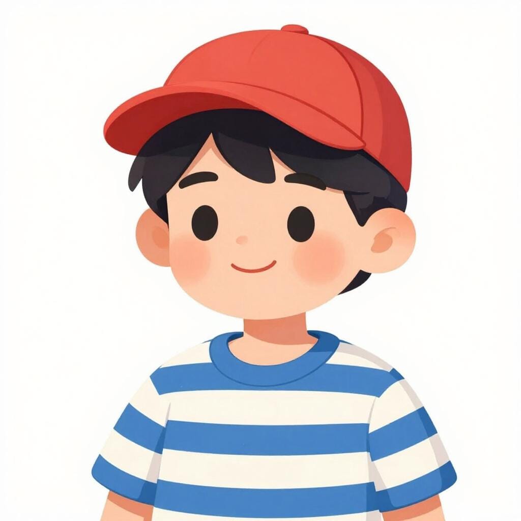 A happy young boy wearing a striped shirt and a baseball cap.