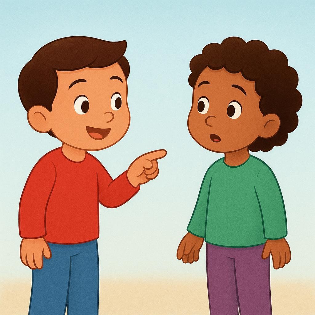 A simple storybook illustration showing one friendly character pointing assertively at another character, encouraging them to speak or reveal information.