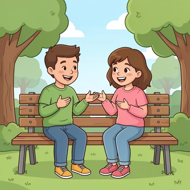 Due amici seduti su una panchina al parco, che parlano e gesticolano calorosamente tra loro.