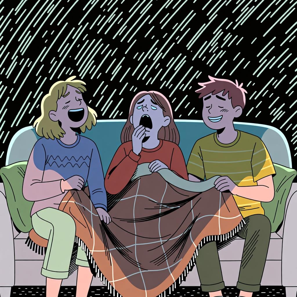 A group of friends on a couch showing different emotions: one is laughing heartily, one is yawning sleepily, and one is smiling contentedly, representing temporary feelings.