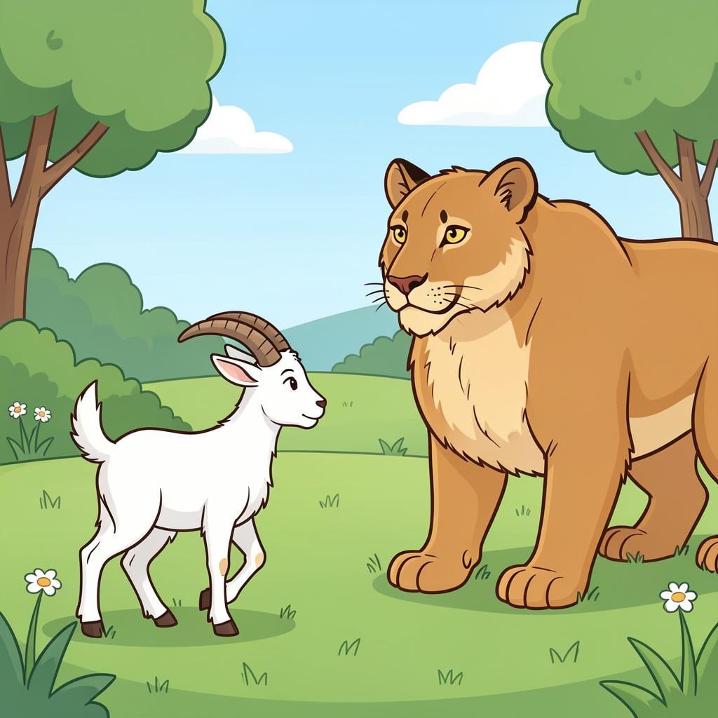 A small goat walking backward away from a larger mountain lion.