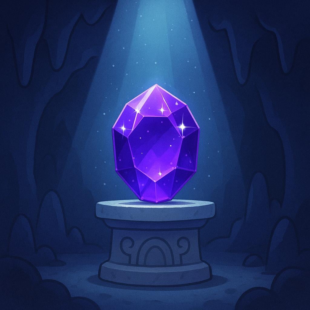 A large, sparkling purple gemstone sits alone on a pedestal inside a dark cave, highlighted by a single light source, representing the specific item that was found.