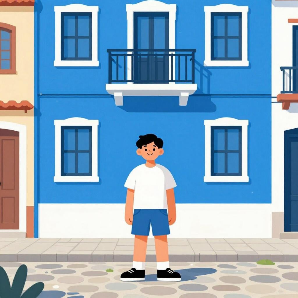 Una persona felice che indossa un cappello tradizionale in piedi davanti a un colorato edificio coloniale.