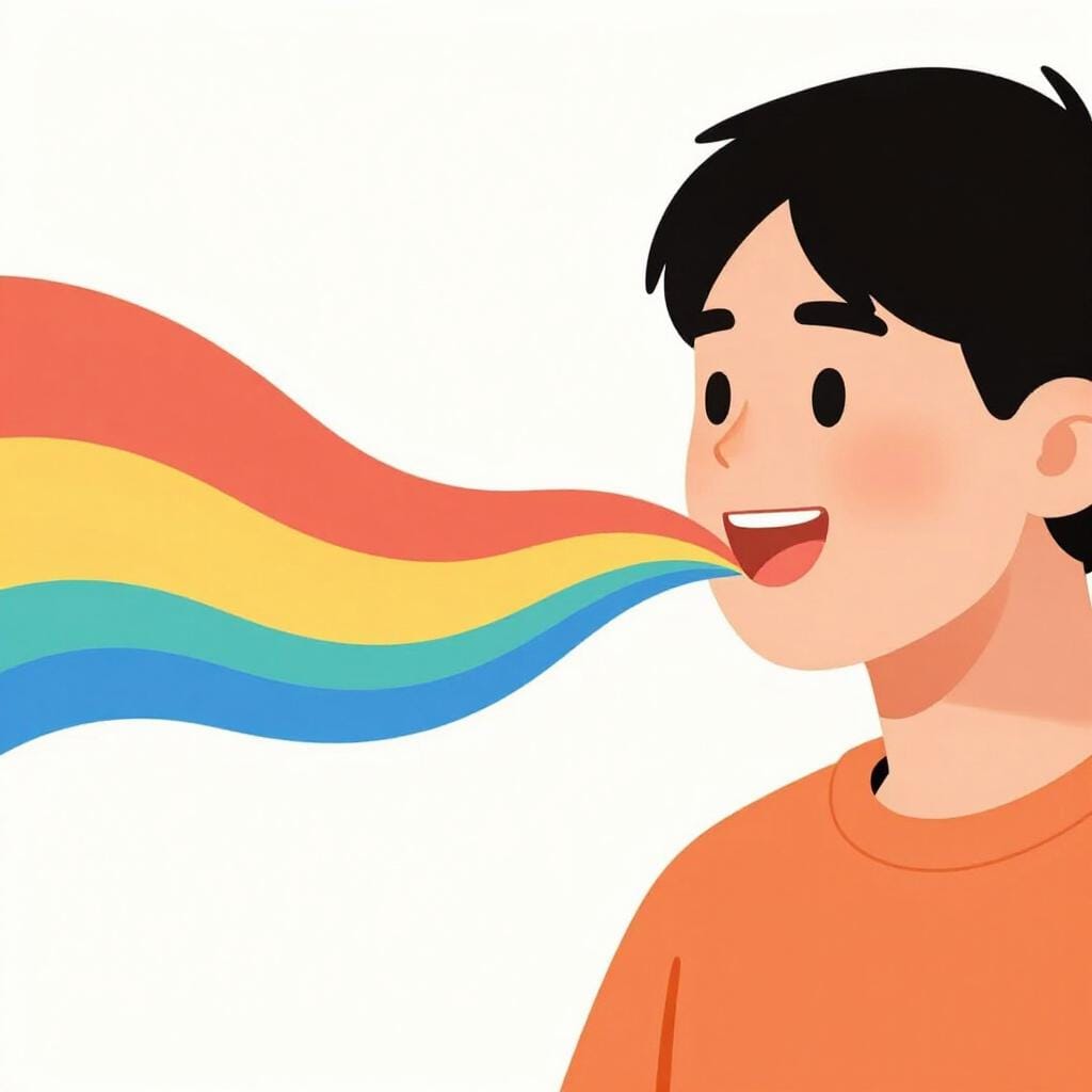 Una persona amichevole che parla con bolle di discorso colorate che fluiscono senza intoppi dalla sua bocca.