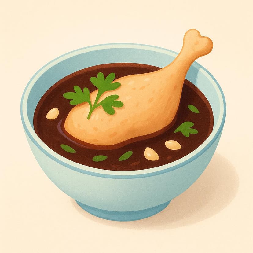 Eine Schüssel mit einem Stück Fleisch, das in einer Flüssigkeit mit Kräutern und Gewürzen eingeweicht ist.