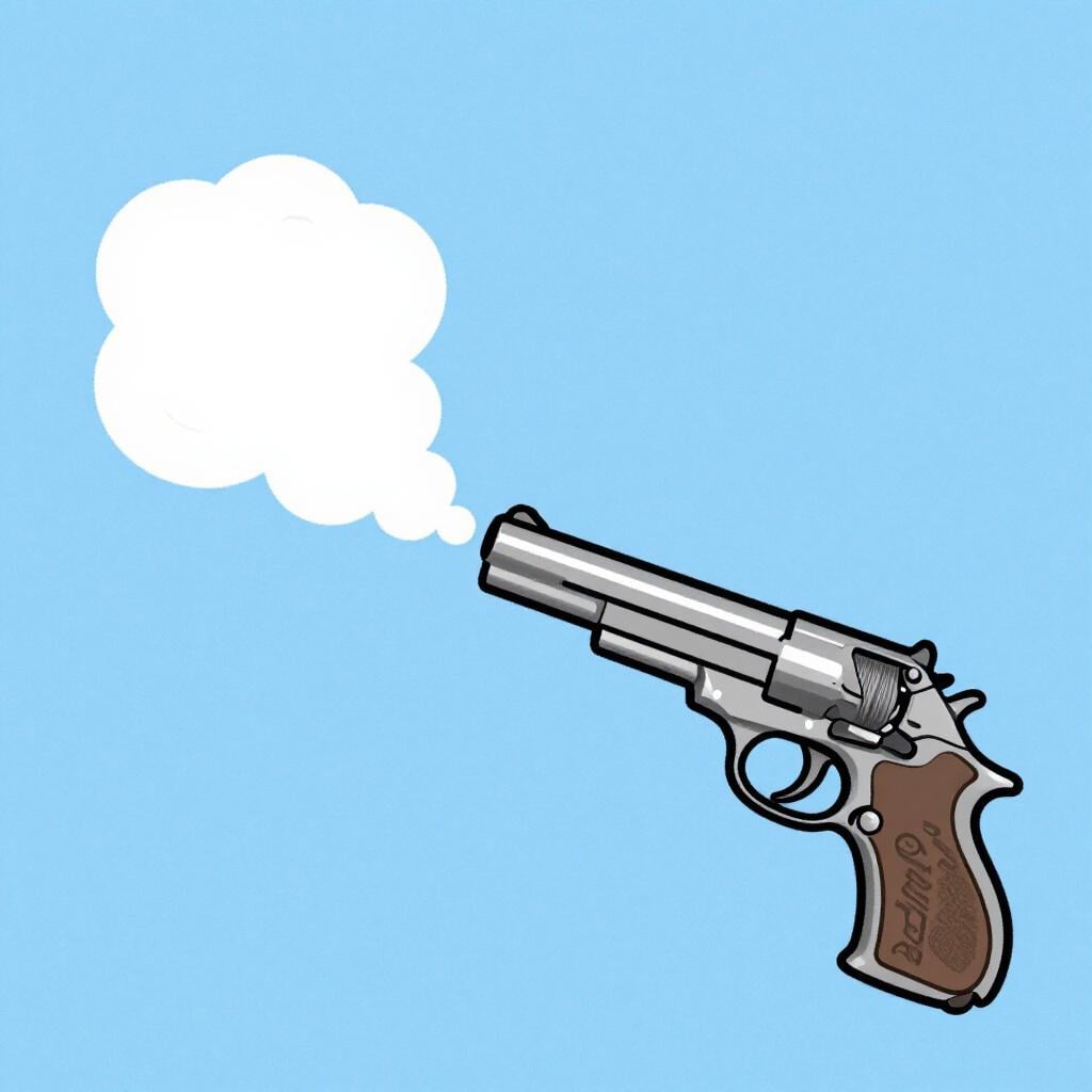 Una nuvola di fumo che esce dalla canna di una pistola su uno sfondo blu chiaro uniforme.