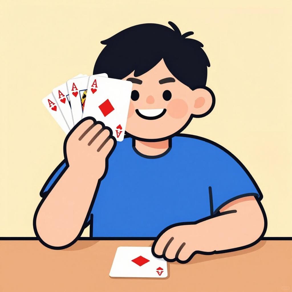A person at a card table hiding their face behind a fan of cards while wearing a confident smile.