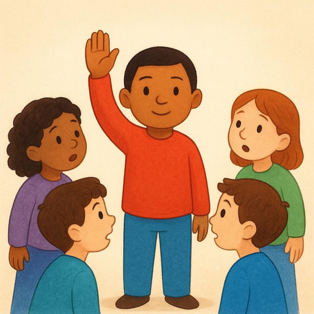 A colorful storybook illustration showing a central adult figure raising one hand dramatically to command attention. Three surrounding figures immediately stop moving and turn their heads toward the central figure, indicating they are listening.