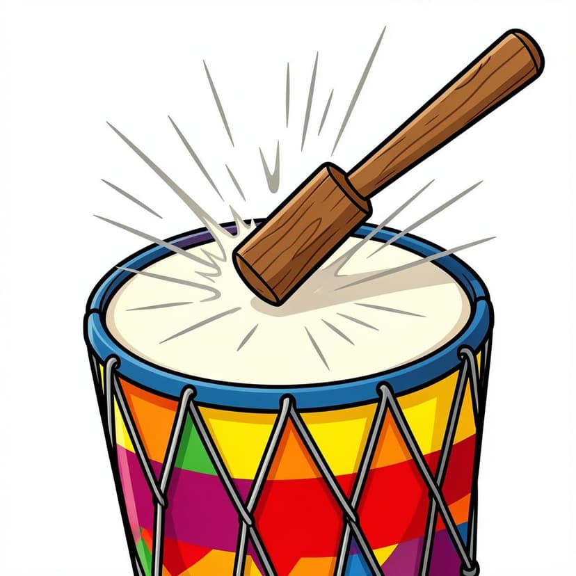 A wooden mallet striking a large colorful drum.