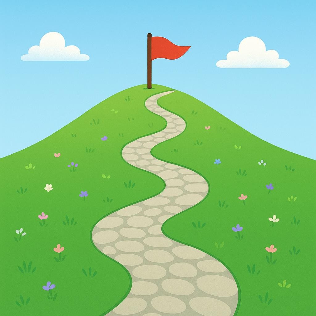 A clear, winding stone path leading directly up a gentle green hill towards a visible, brightly colored red flag planted at the peak, symbolizing a successful method.