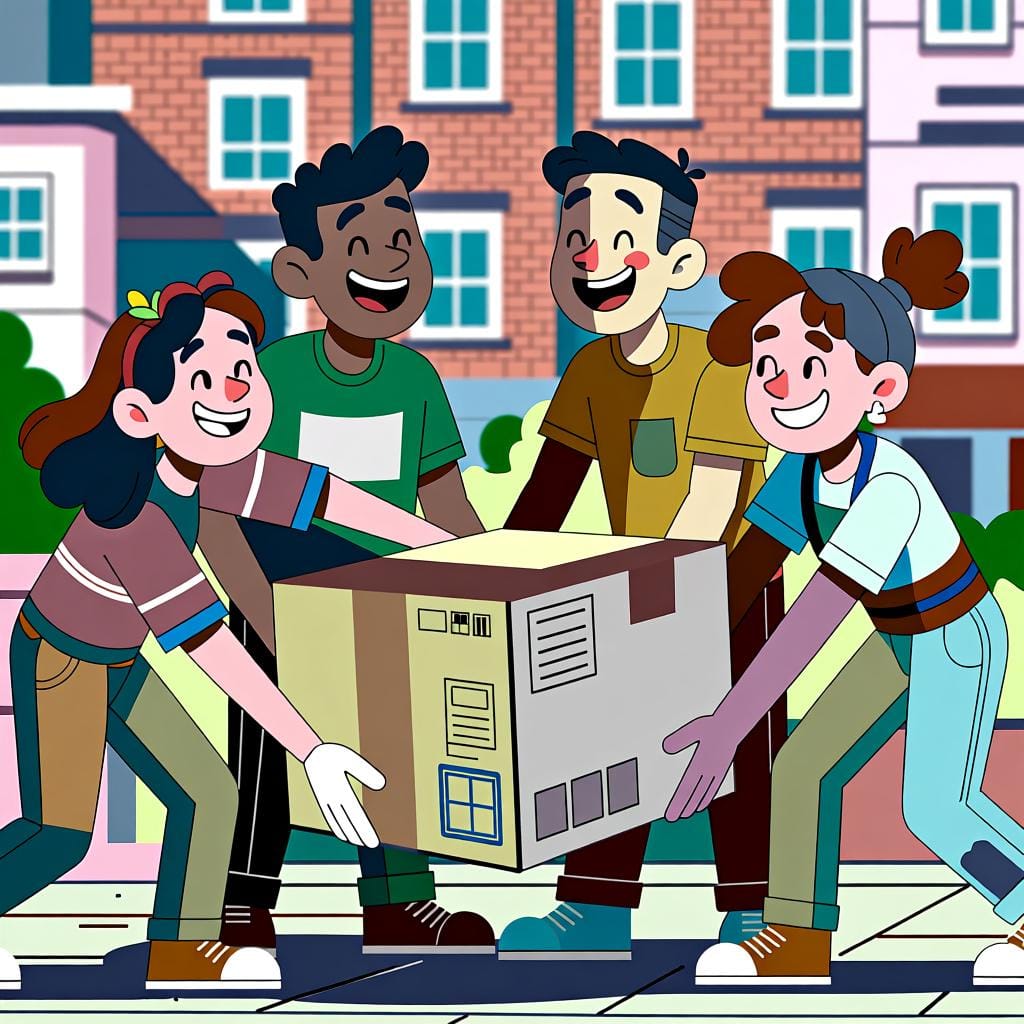 A group of diverse friends happily lifting a heavy box together, demonstrating their collective strength and ability.