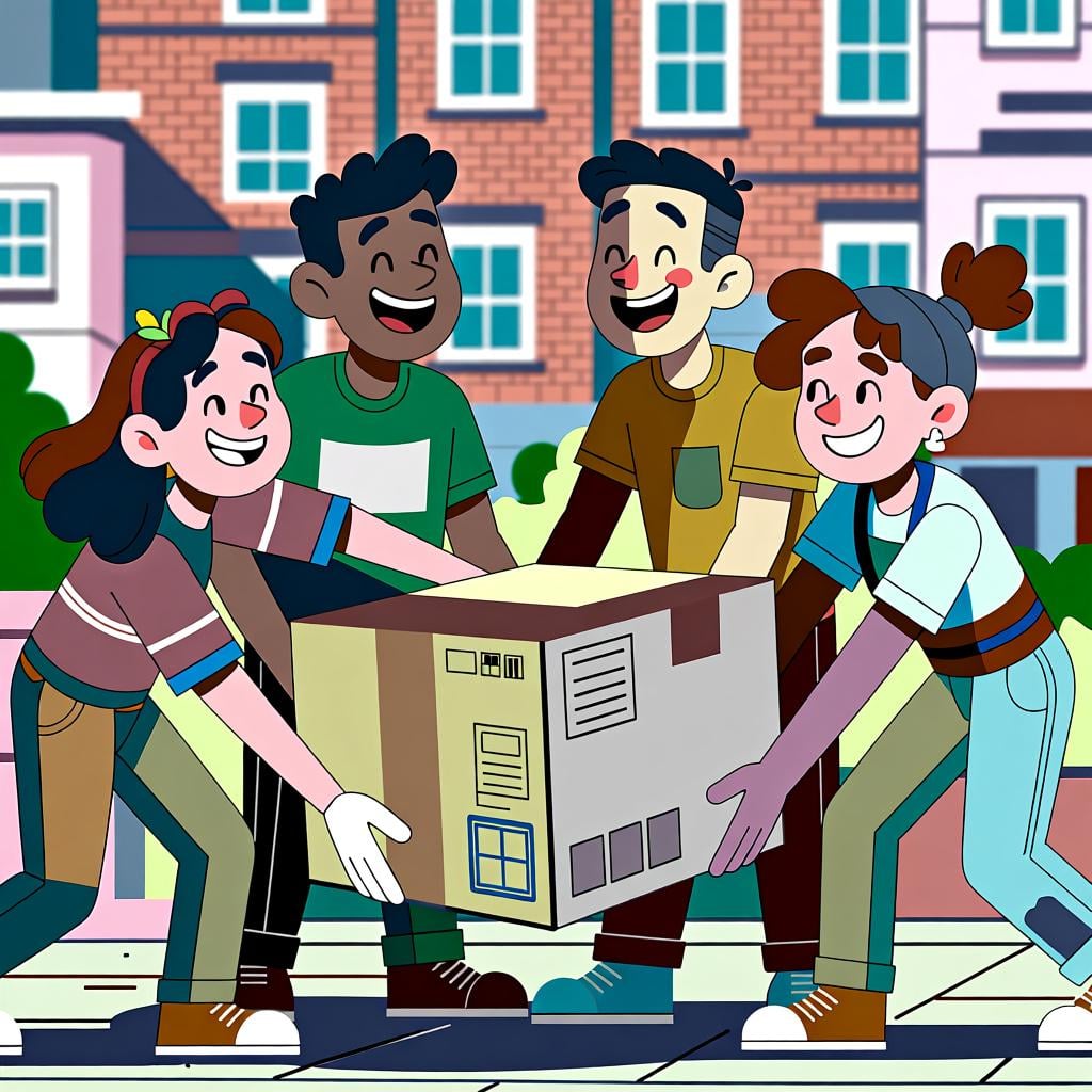 A group of diverse friends happily lifting a heavy box together, demonstrating their collective strength and ability.