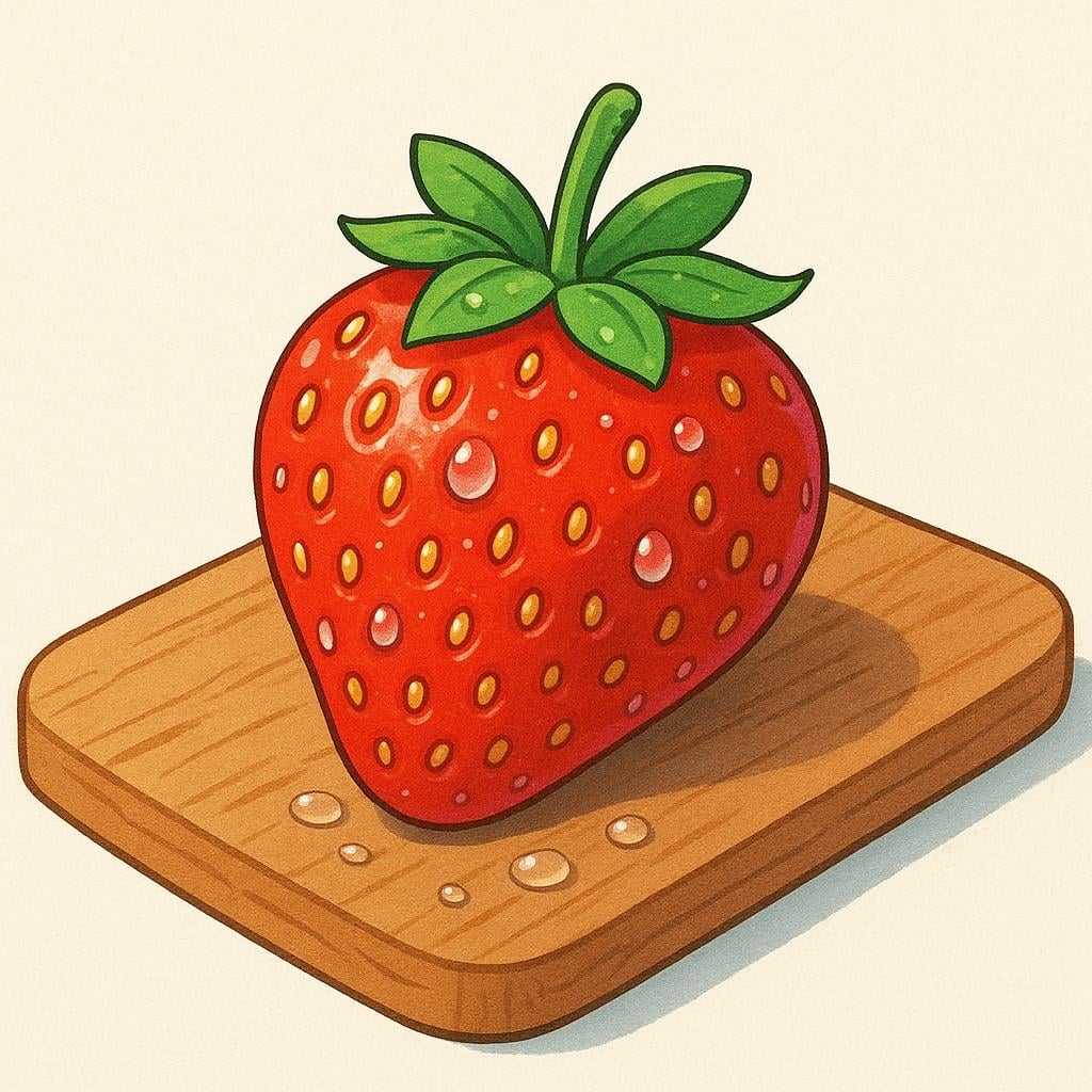 A single, glistening, perfectly ripe strawberry resting on a wooden cutting board, emphasizing freshness.