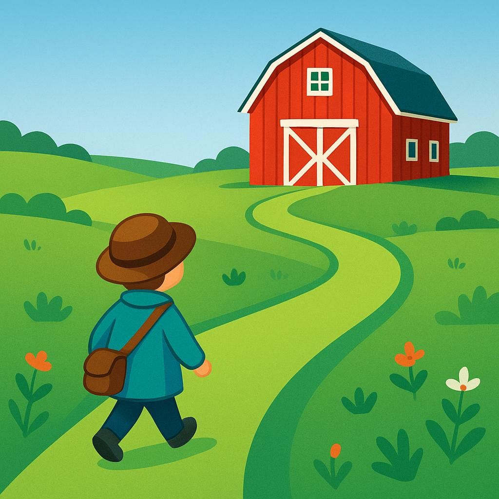 Uma pequena figura caminhando propositalmente por um caminho verde sinuoso em direção a uma proeminente casa colorida visível no horizonte.