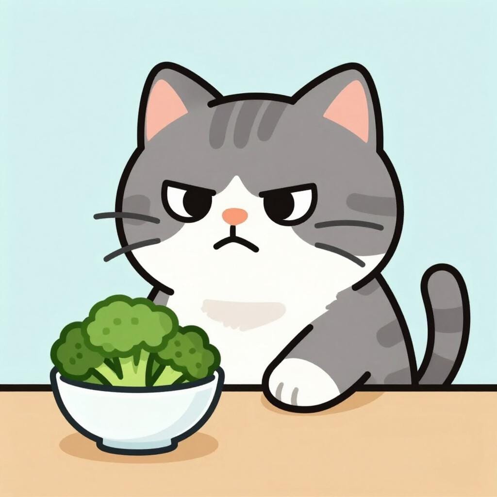 A cat looking with a grumpy expression and turned-away body at a bowl of broccoli.