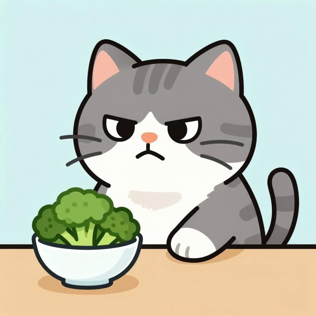 A cat looking with a grumpy expression and turned-away body at a bowl of broccoli.