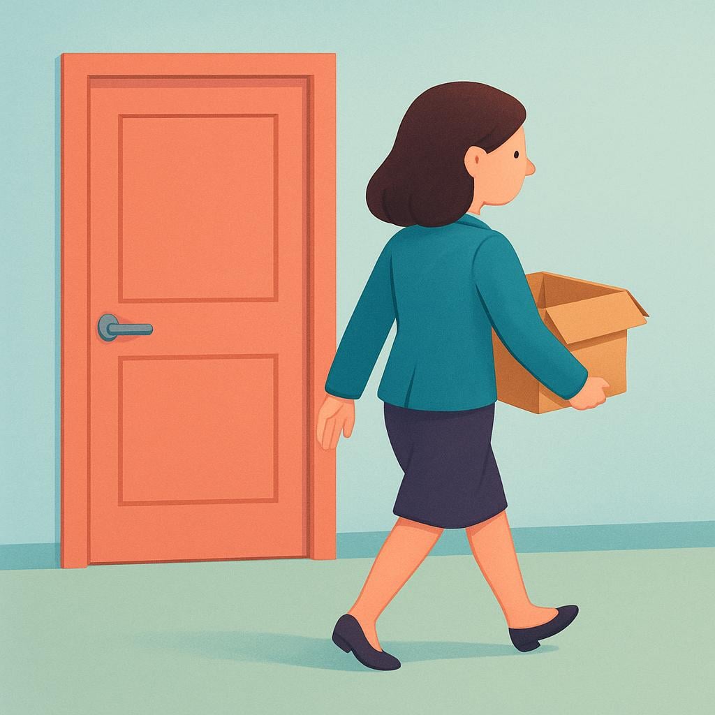 A simplified illustration showing a person carrying a small, empty cardboard box walking away from a stylized office door.