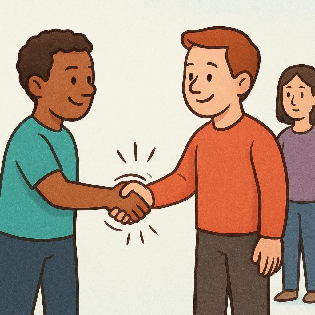Two distinct cartoon figures standing close together and shaking hands, symbolizing an agreement. A third, unrelated figure stands a short distance away, observing the transaction neutrally.