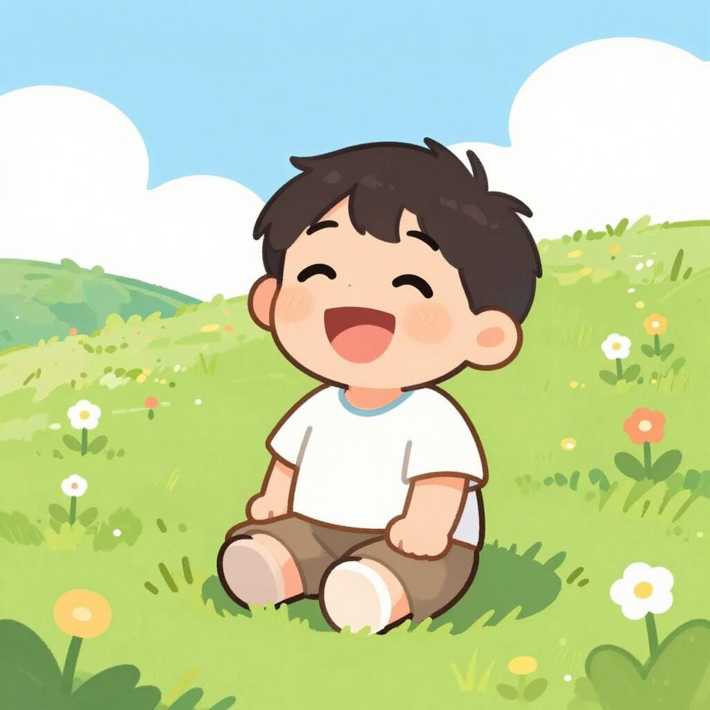A child laughing genuinely while playing in a field of grass.