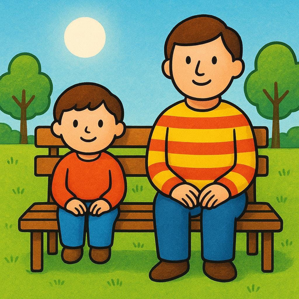 어른과 아이가 나무 벤치에 나란히 앉아 기다림의 필요성을 보여주는 다채로운 그림책 삽화.