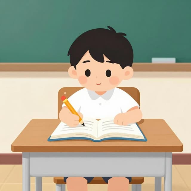 A student in a classroom sitting at a desk with an open book and a pencil, focused on their work.