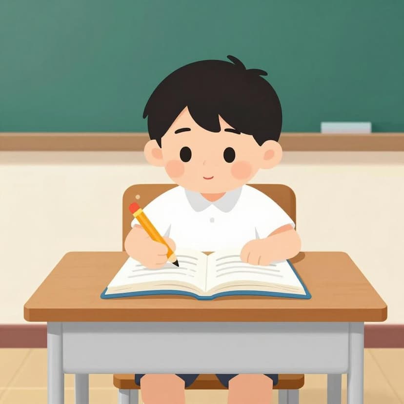 A student in a classroom sitting at a desk with an open book and a pencil, focused on their work.