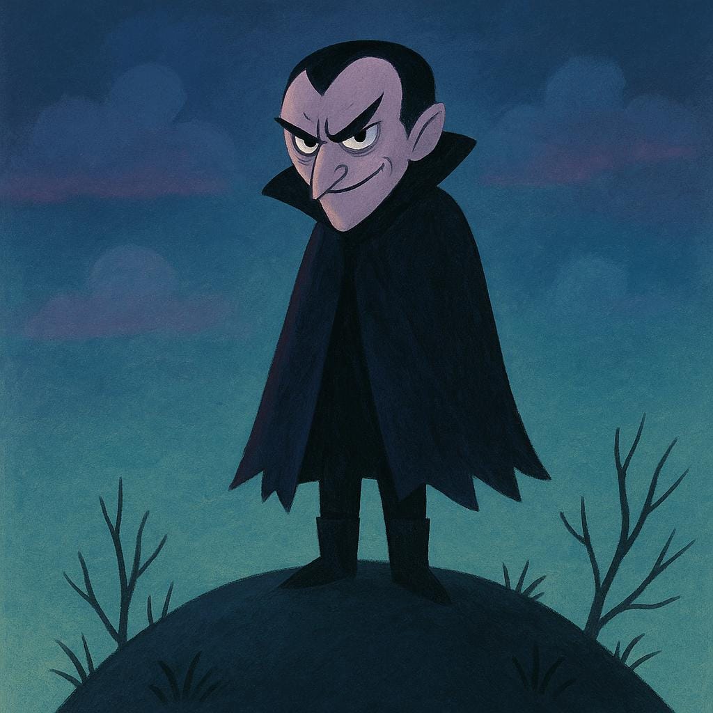 A simple storybook illustration of a menacing figure with a dark, wicked expression standing alone on a dark, slightly shadowed hill.