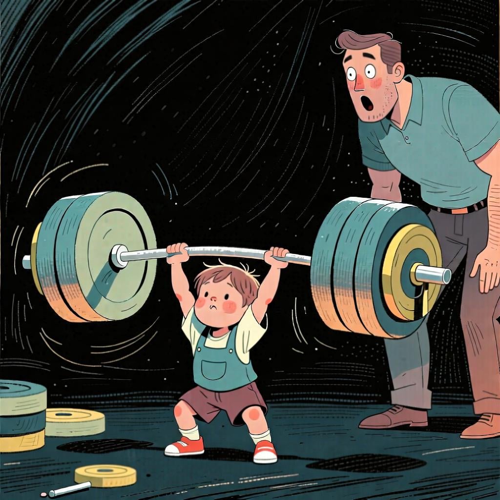 A small child effortlessly lifting a very large, cartoonish weight, with an adult looking on in surprise.
