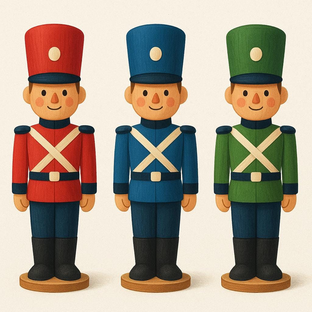 Three brightly colored wooden toy soldiers standing rigidly upright and motionless on a plain surface.