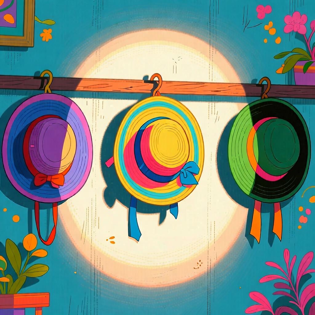 Three different brightly colored sun hats hanging on hooks, with a spotlight illuminating only the middle hat.