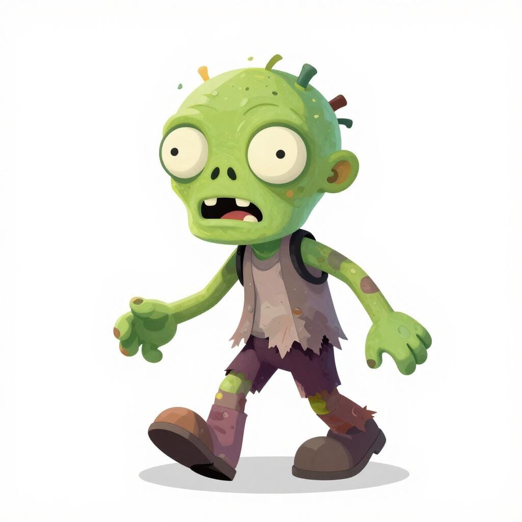 Uma figura morta-viva de pele verde caminhando para a frente com os braços estendidos.