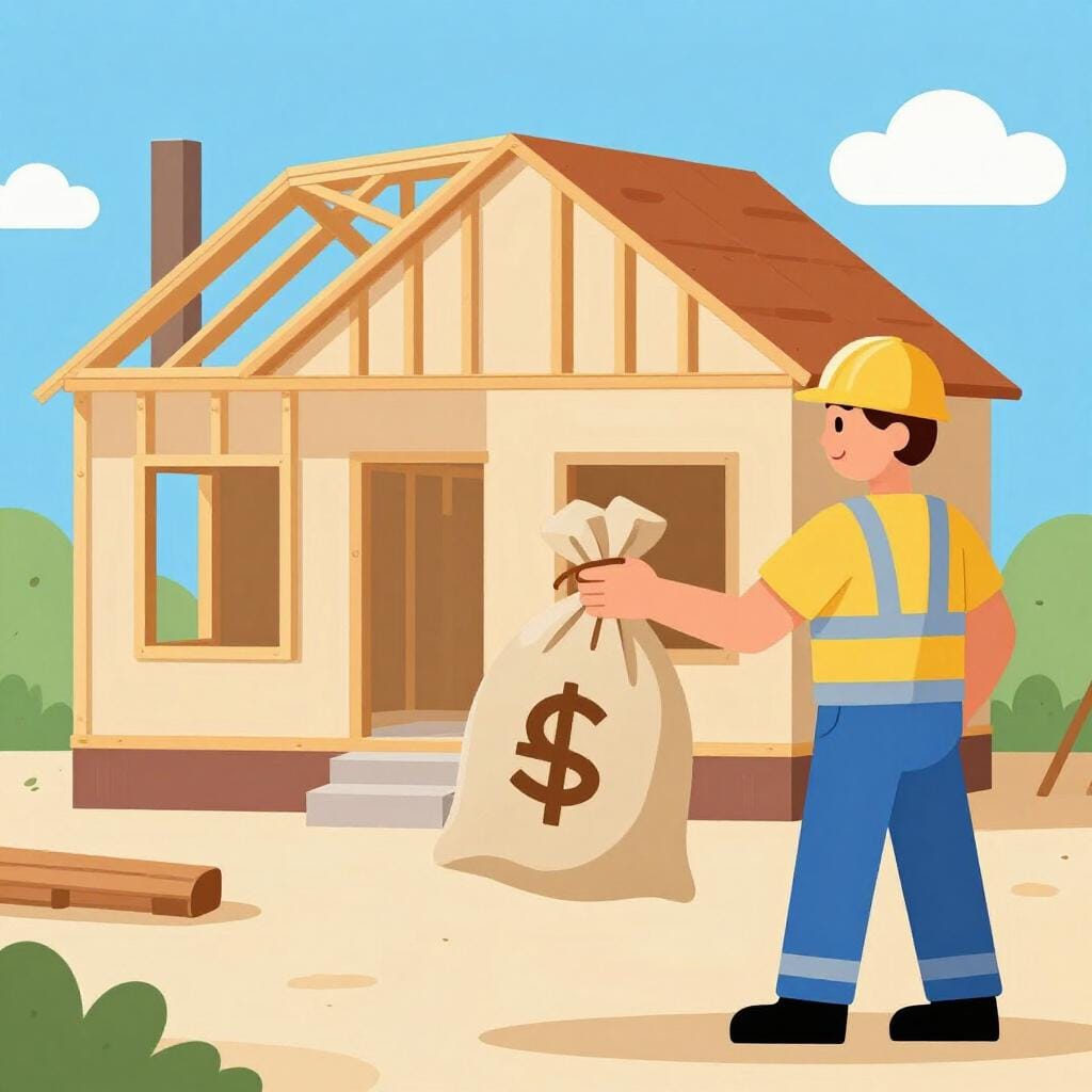 A friendly person in a suit handing a large bag of money to a builder standing in front of a half-finished house.