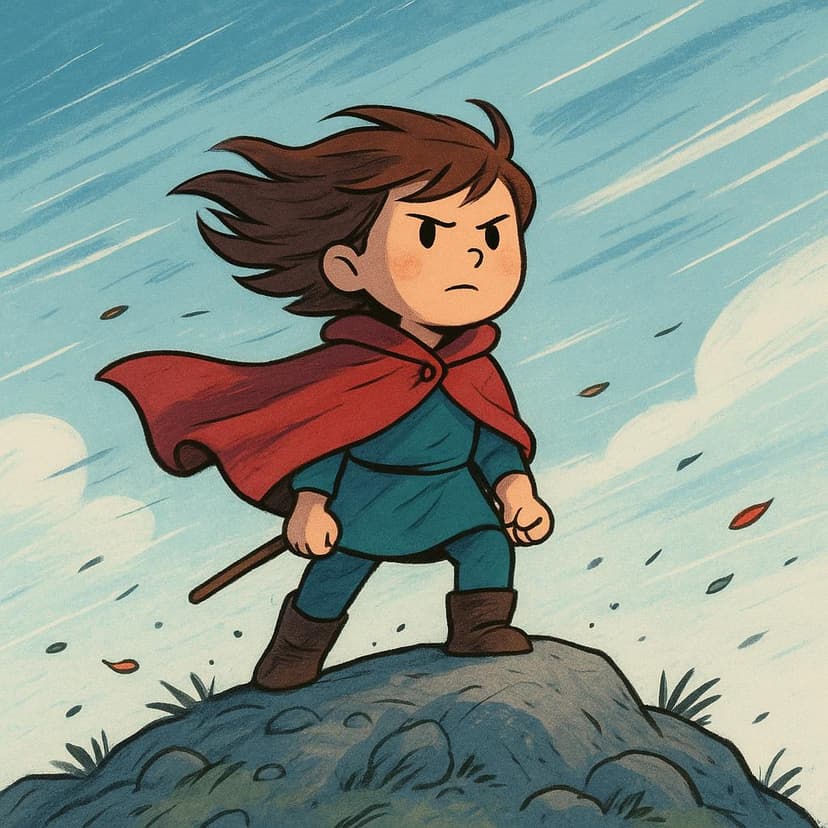A small, determined cartoon figure standing firmly on a rocky hill while a strong gust of wind blows against them, illustrating endurance.