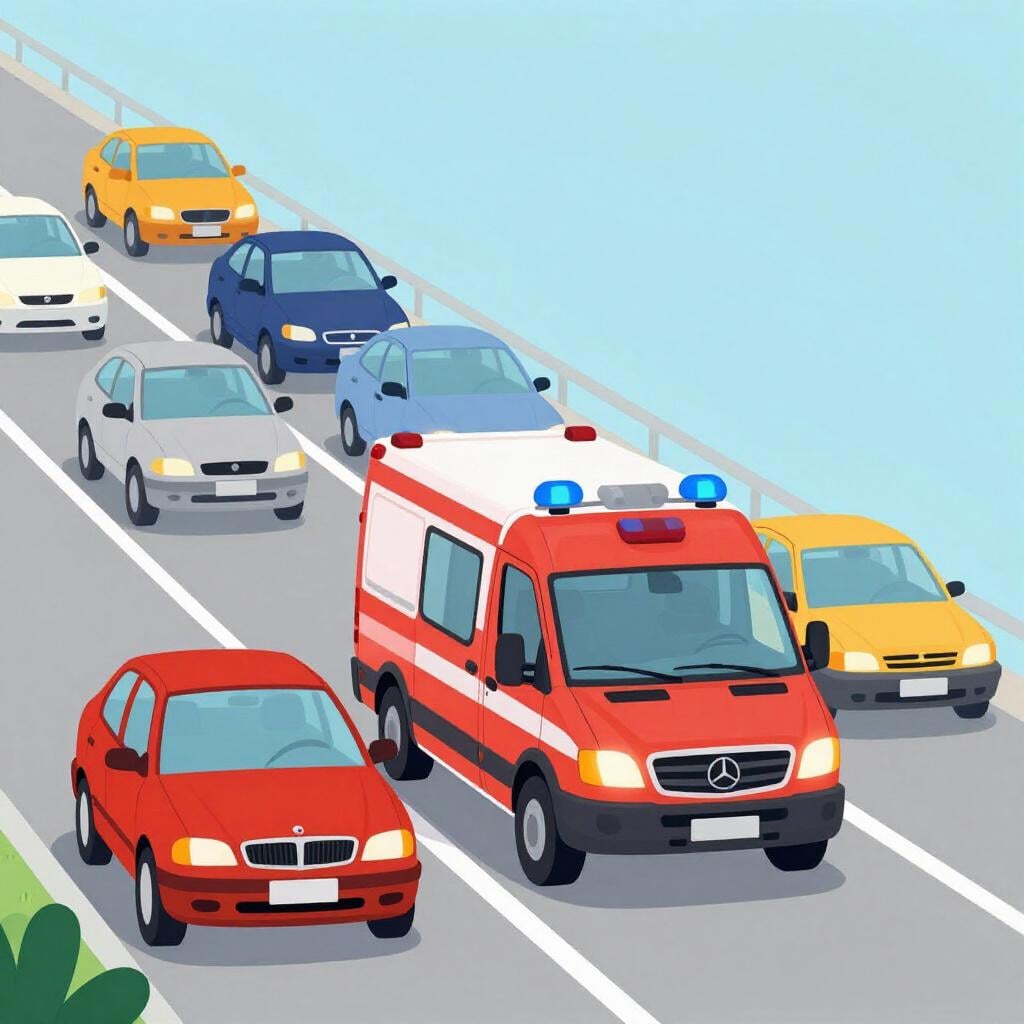 An ambulance with flashing lights driving ahead of other cars on a road.