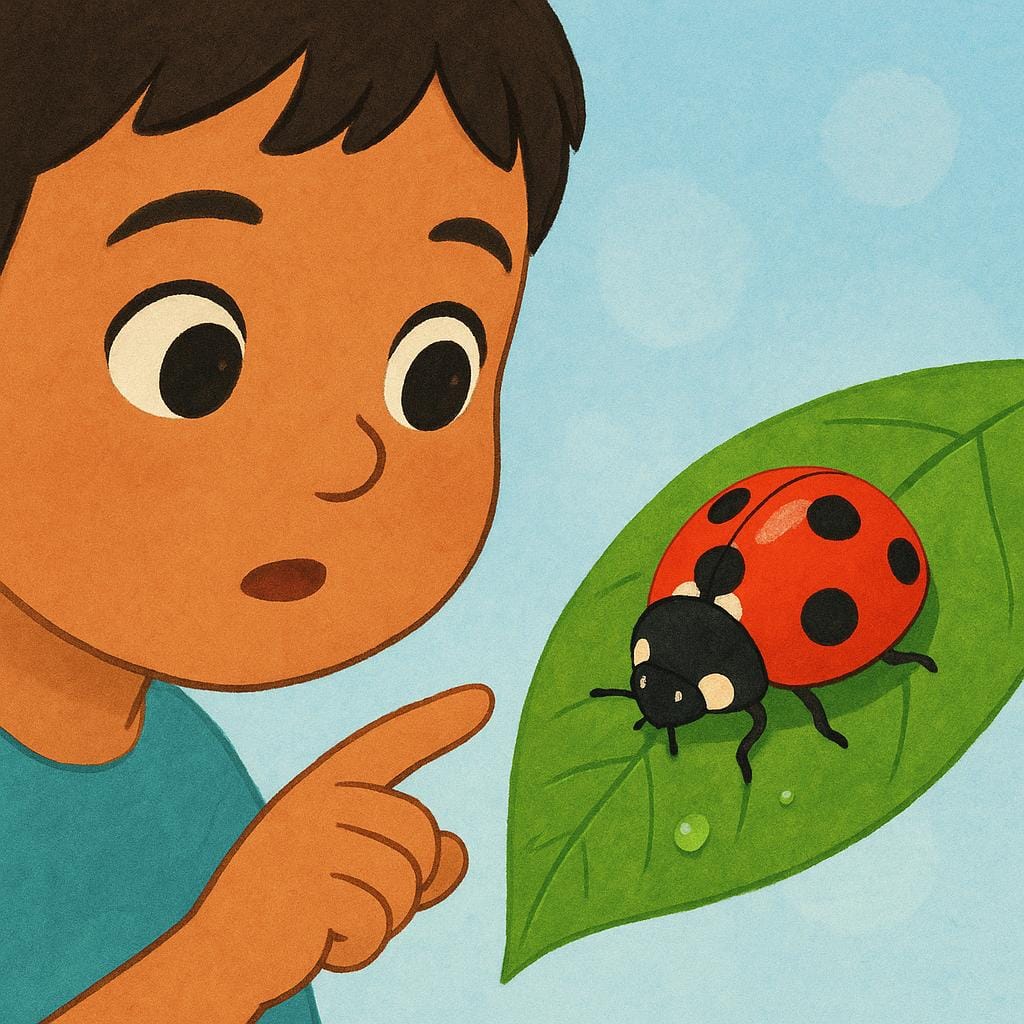 A young child with wide, attentive eyes leaning slightly forward, showing great curiosity as they examine a small, colorful object on the ground.