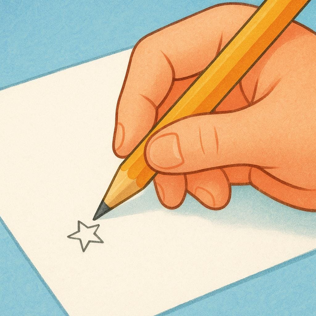 A hand holding a pencil and writing a small mark on a piece of paper.