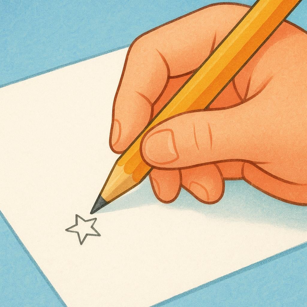 A hand holding a pencil and writing a small mark on a piece of paper.