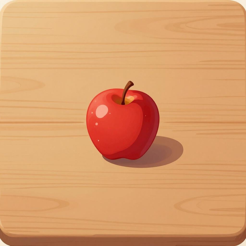 A bright red apple placed perfectly in the middle of a square wooden table.