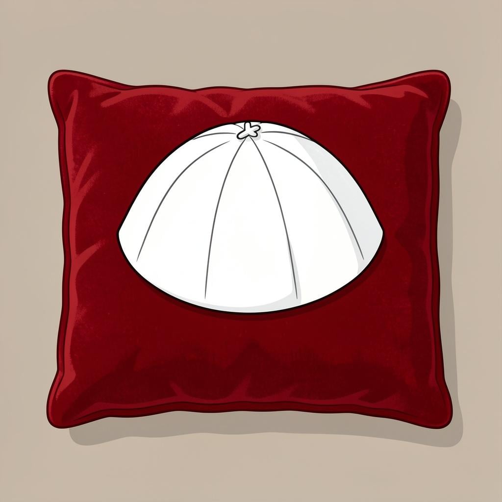 A simple white skullcap resting on a red velvet cushion.