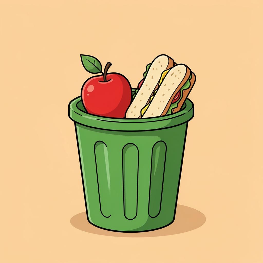 A half-eaten apple and a full sandwich sitting inside a trash can.