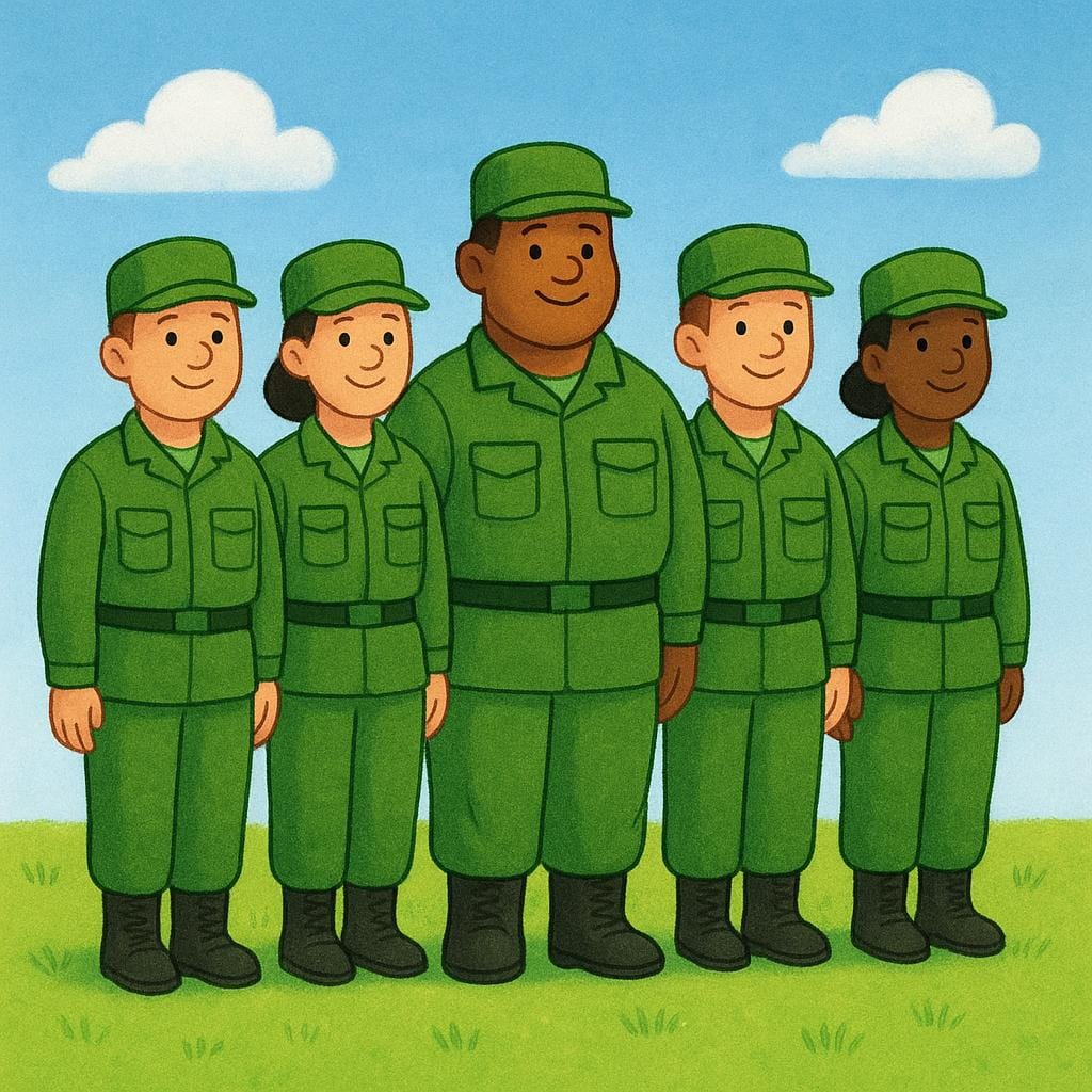 A small group of five soldiers wearing green uniforms standing in a neat formation on a grassy field, representing a platoon.