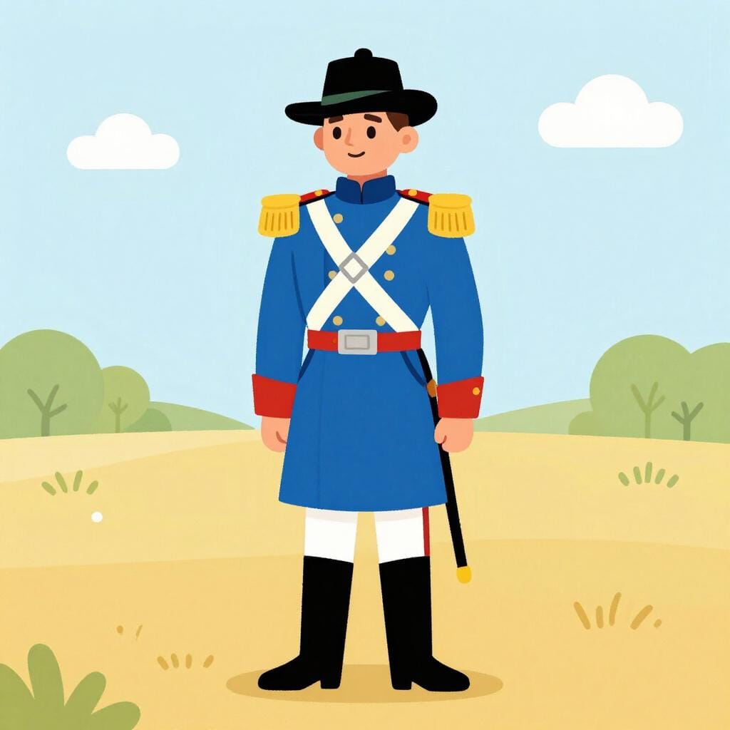 A 19th-century man in a blue military uniform with a cockade hat.