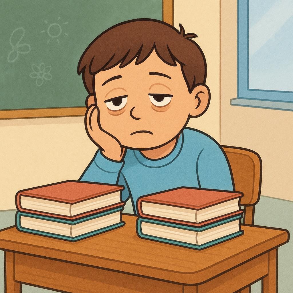 Um estudante de desenho animado sentado em uma carteira escolar de madeira com aparência sobrecarregada. Duas pilhas idênticas de livros didáticos são colocadas lado a lado na mesa à frente do estudante, simbolizando a repetição do curso.