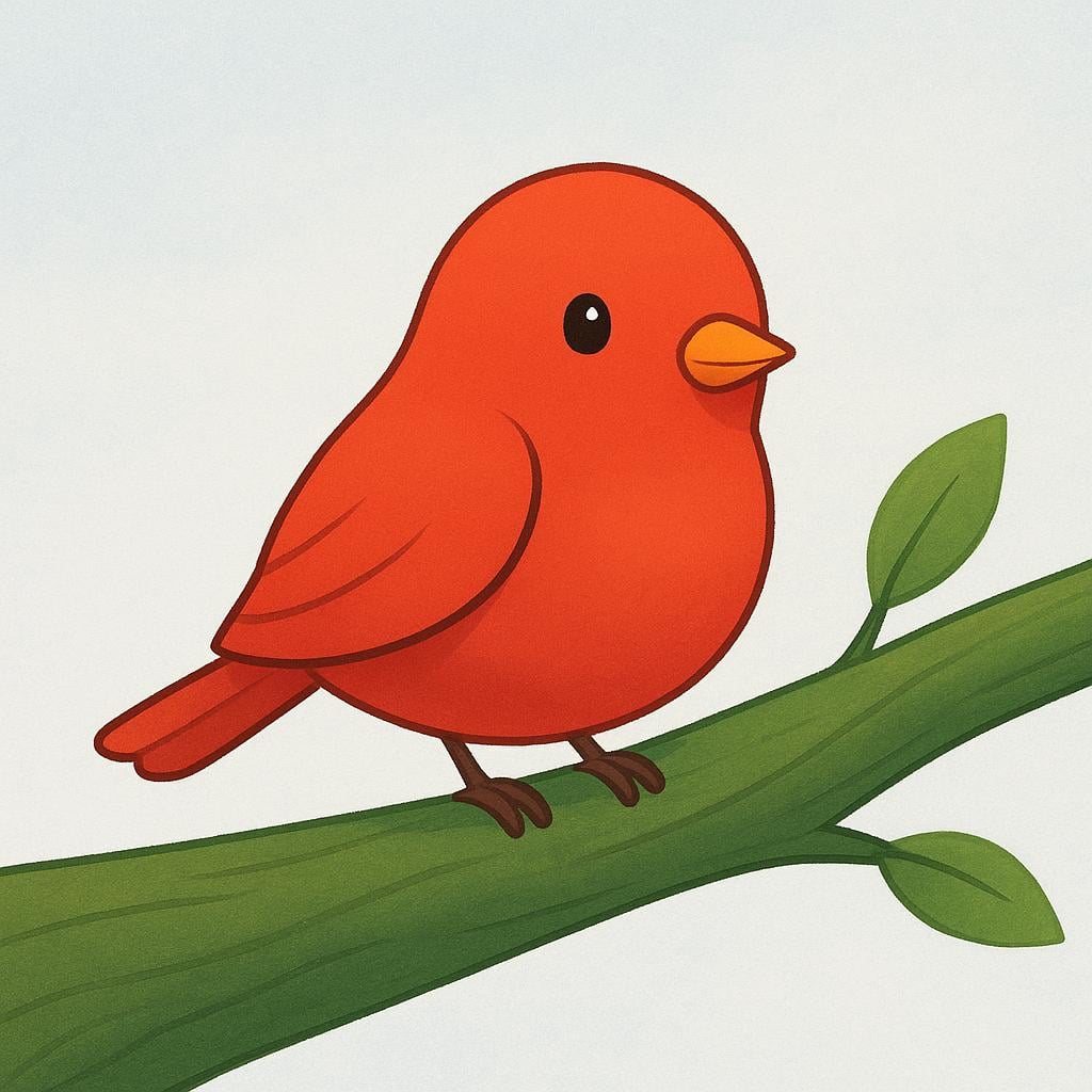 A small red bird resting motionlessly on a thick green tree branch, illustrating the concept of staying put or remaining.